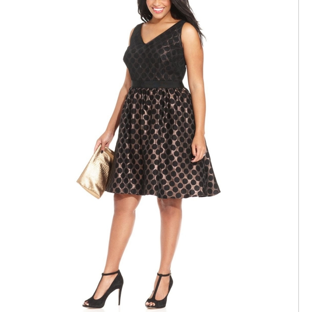 Adrianna Papell Black and Gold Polka Dot Midi Dress